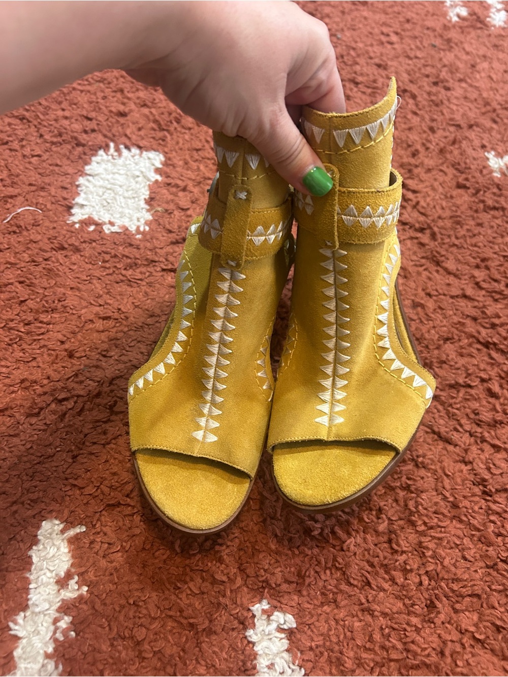 Bernardo Mustard Yellow Suede Open-Toe Embroidered heels